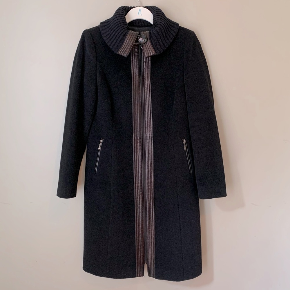 Raffinati long black wool coat with leather trim